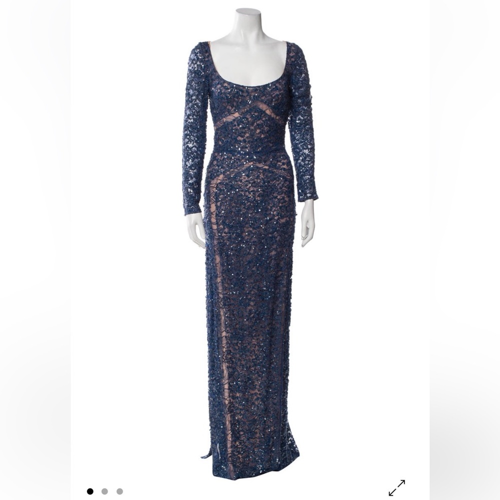 New With Tag ELIE SAAB Scoop Neck Elegant Blue Sequin Gown